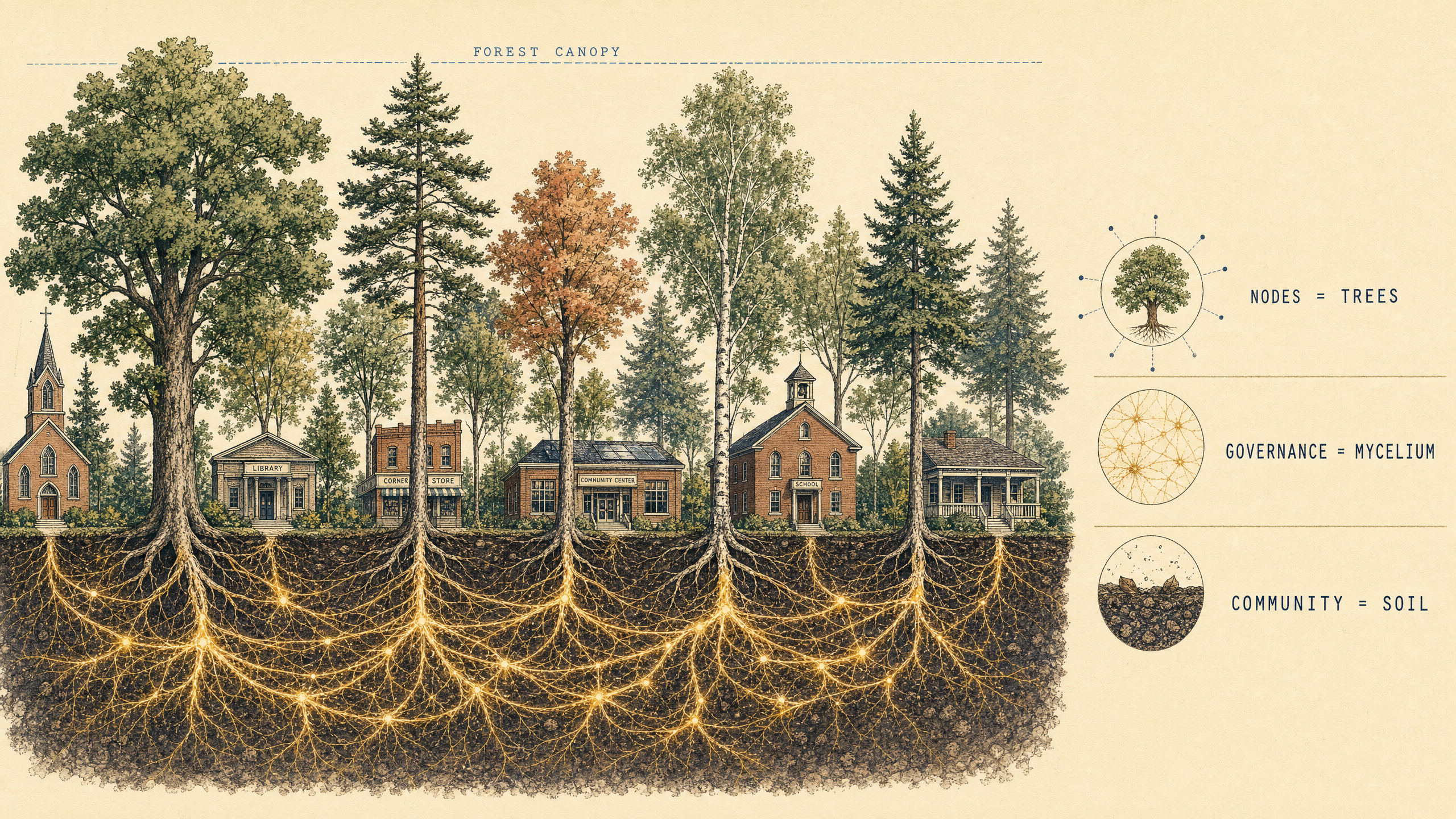 A hand-painted illustration of a forest of many small trees connected underground by a glowing mycelium network — many nodes, many roots, one ecosystem