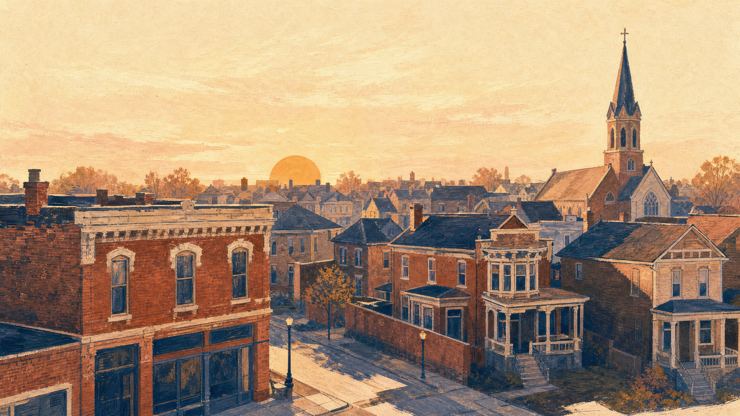 Dawn over Dutchtown rooftops, hand-painted